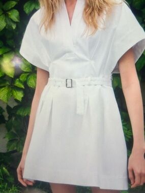 ZARA white belted dress XS 97% cotton 3% elastane